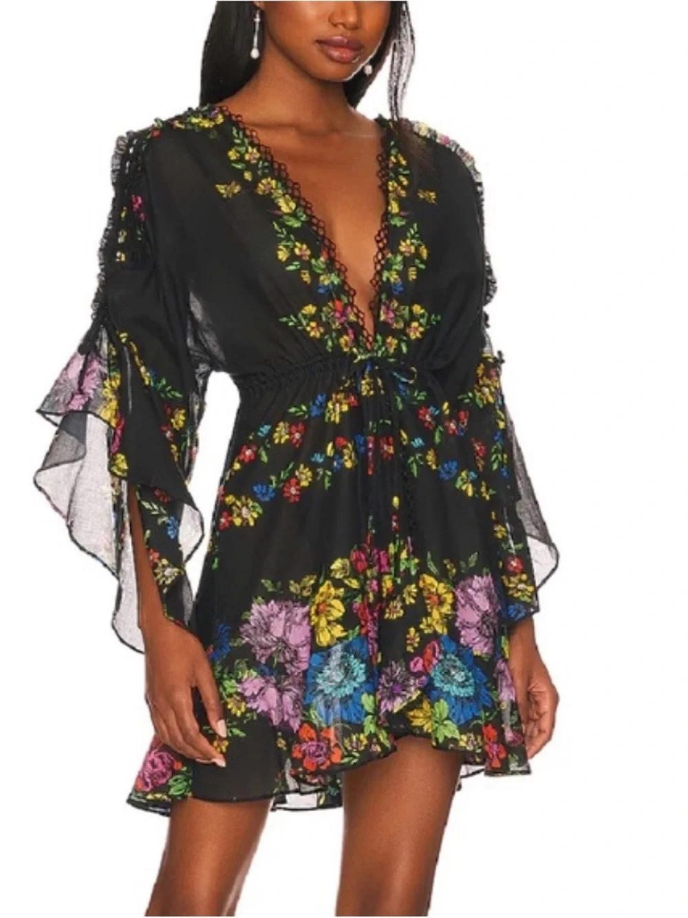 Charo Ruiz Black Floral Sheer Swim Coverup with Multicolor Flowers - Picture 2 of 3
